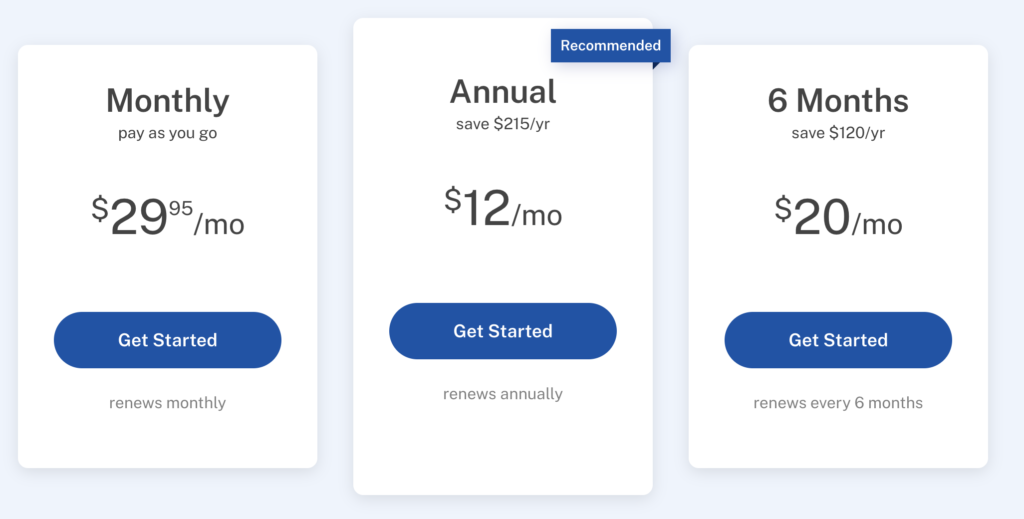 RentRedi Pricing plans: Monthly at $29.95/month, Annual at $12/month (save $215/year, recommended), and 6 Months at $20/month (save $120/year). Each option has a "Get Started" button.